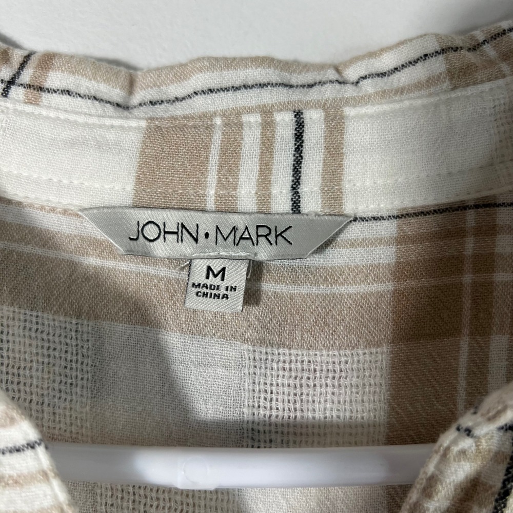 John Mark Soft Plaid Floral Button Shirt Long Sleeve M White Tan Black - Picture 5 of 9
